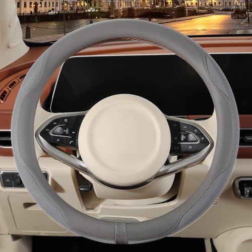 Nappa Leather Ice Silk Fabric Grey Steering Wheel Cover - Image 2