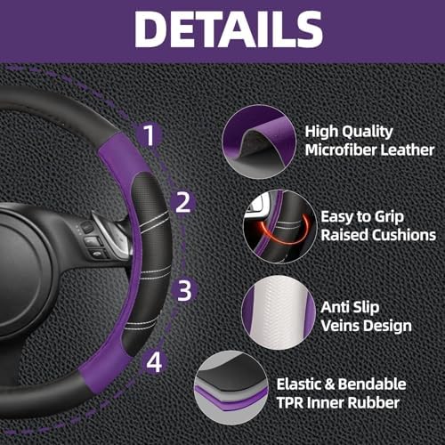 NBTEPEM 6 Pcs Purple Steering Wheel Cover Set, Sport Microfiber Leather - Image 3