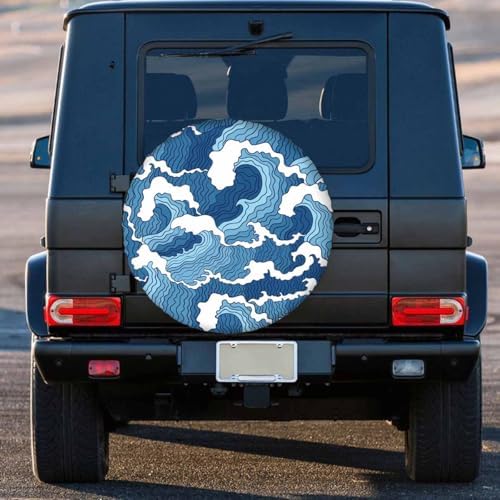 Blue and White Wave Spare Tire Cover 15 inch Wheel Japanese Abstract Protectors - Image 4