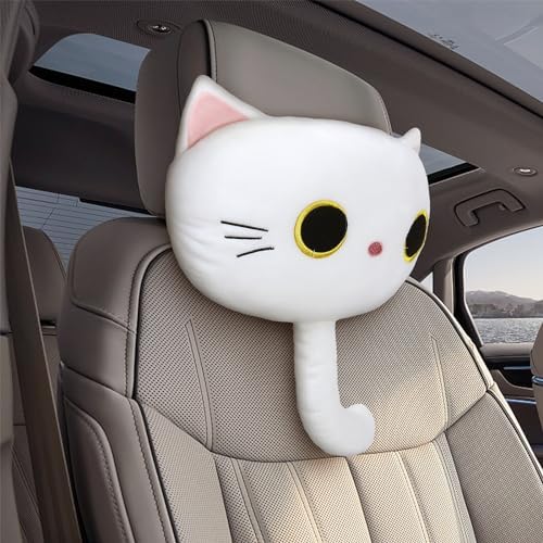 White Cat Car Headrest Pillow Cartoon Car Seat Pillow Cat Neck Support Plush - Image 6
