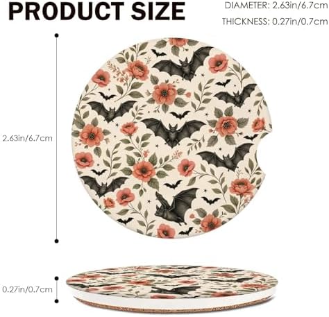 Bats Car Coasters for Cup Holders Set of 2 Floral Absorbent Ceramic Cup Coaster - Image 5