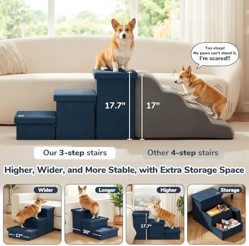 3-Step Wide Dog Stairs with Hidden Storage 18" H, Non-Slip Dog Steps - Image 3
