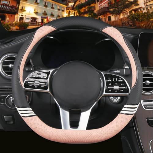 14 inch Cute Leather D Shape Steering Wheel Cover Black Pink by Binsheo