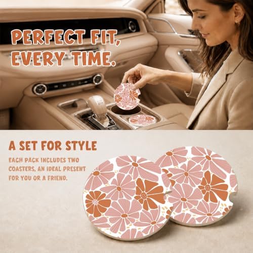 Boho Floral Car Coasters, Retro Minimalist Country Flowers Cup Holders - Image 2