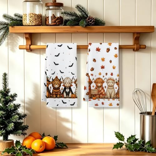2 Pcs Halloween Kitchen Towels, Highland Cow Soft Absorbent Hand Tea Towels - Image 5