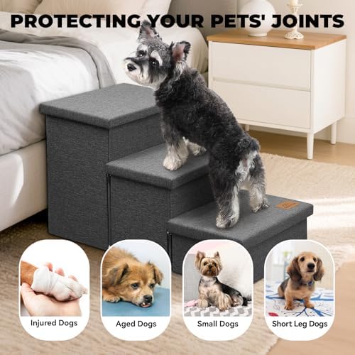 Zerbuger Dog Stairs with Storage, Dark Grey 3 Steps Dog Ramp no Condo - Image 3