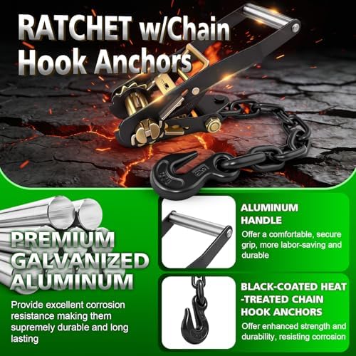 2"x96" Ratchet Car Tire Tie Down Strap w/Chain Hook Anchor 9900LBS - Image 4