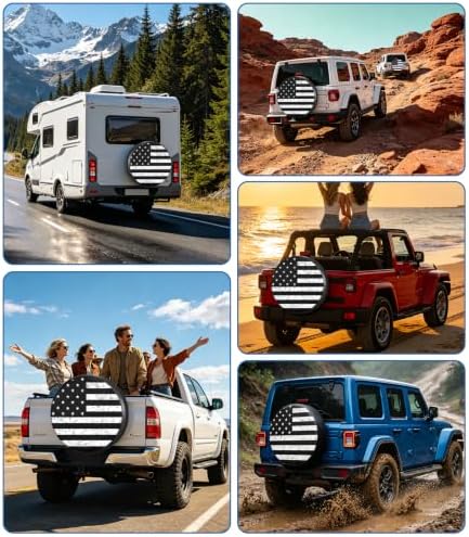 RV Spare Tire Cover Black White Vintage American Flag 15in Universal Fit - Image 6