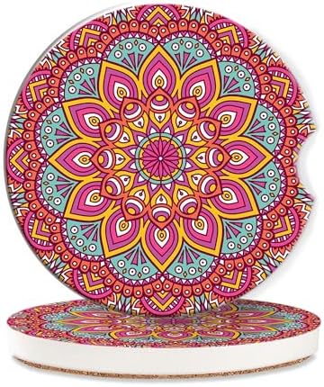 Boho Mandala Car Coasters for Women 2 Pack, Vintage Flower Ottoman Absorbent by TUBAMQ