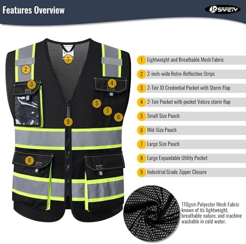 JKSafety Safety Vest for Men Women Hi Vis Reflective Vest JK220 Black 5XL - Image 4