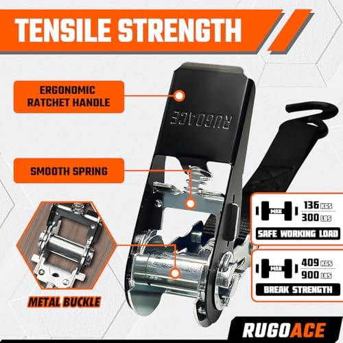 Ratchet Tie Down Straps 1in x 10ft 900 lbs Break Strength 8PK Black RUGOACE - Image 3