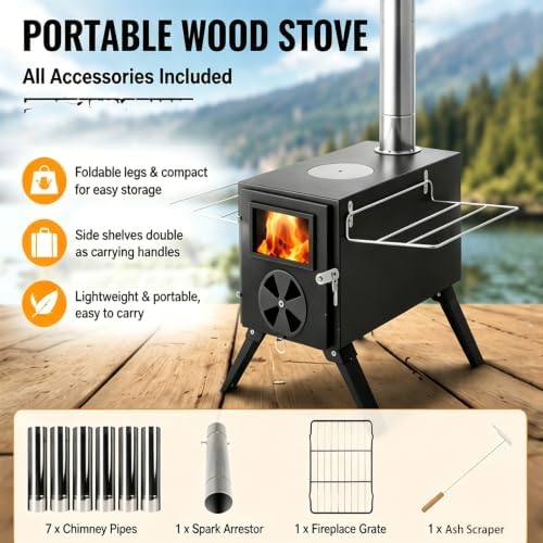 Portable Hot Tent Stove, Light Weight Camp Wood Stove, Carbon Steel Camping - Image 2