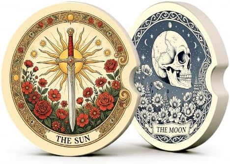Tarot Card Sun Moon Car Coasters, Retro Skeleton Floral Cup Holders by Unknown
