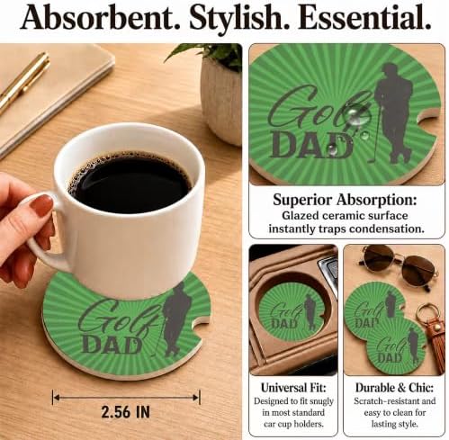 Green Golf Dad Car Coasters, Retro Golf Club Cup Holders Gifts - Image 3