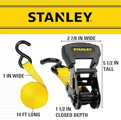 Stanley S1006 Black/Yellow 1" x 14' Ratchet Tie Down Straps - Image 7