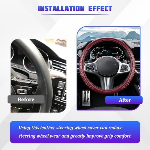 AUCELI 14.5-15 Inch Steering Wheel Cover Non-Slip Leather, Wine Red - Image 3