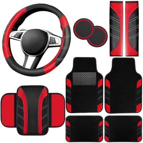 NBTEPEM 10 Pcs Red Car Floor Mats Full Set & Sport Leather Red Steering Wheel by NBTEPEM