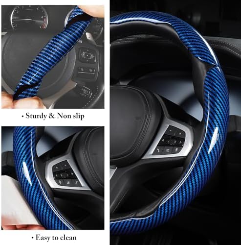 Carbon Fiber Steering Wheel Cover Universal 3pcs Protector Glossy Blue - Image 5