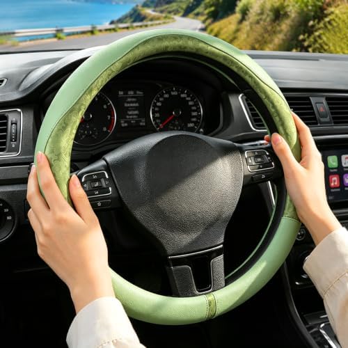 Green Patterned Leather Patchwork Steering Wheel Cover, 14.5-15 Inch Universal - Image 5