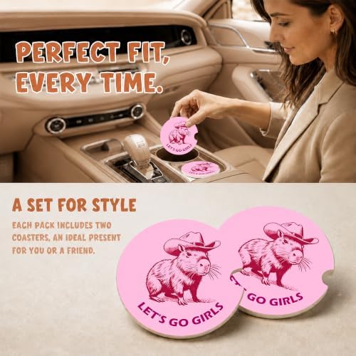 Pink Western Capybara Car Coasters, Let's Go Girls Coquette Cup Holders - Image 2