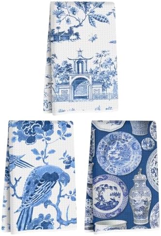 Blue Leaves 3 Pcs Artistic Bird Kitchen Towels Decorative Hand Towels by Blue+Leaves