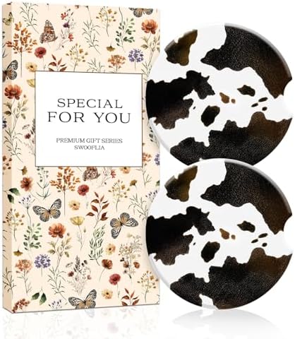 Swooflia Elegant Ceramic Car Coasters Classic Brown Cow Cup Holder Coasters by Swooflia