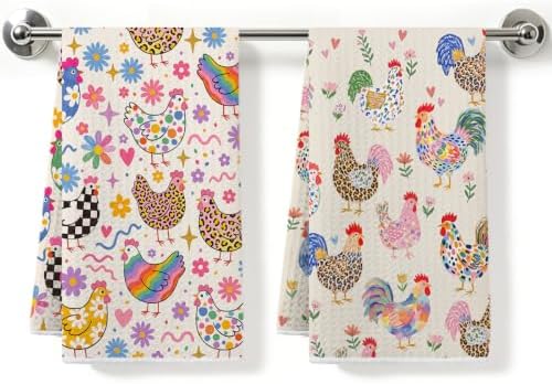 2 Pcs Cute Chicken Kitchen Towels, Floral Soft Absorbent Hand Tea Towel 02 by ZHAMEN