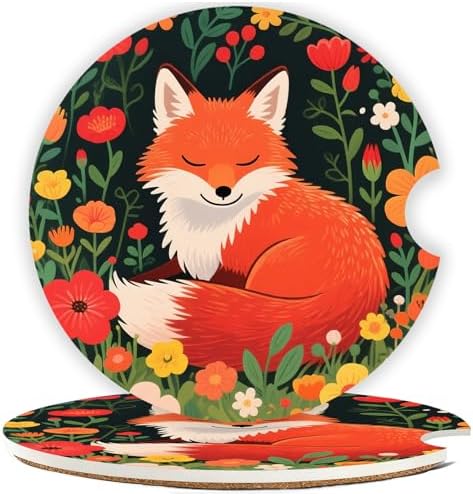 Ceramic Car Cup Holder Coasters Set of 2, 2.56 in Red Fox by Mengduxd