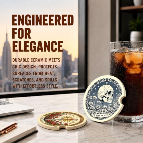 Tarot Card Sun Moon Car Coasters, Retro Skeleton Floral Cup Holders - Image 5