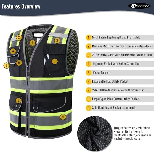 JKSafety 11 Pockets Hi-Vis Black Mesh Safety Vest - Image 3