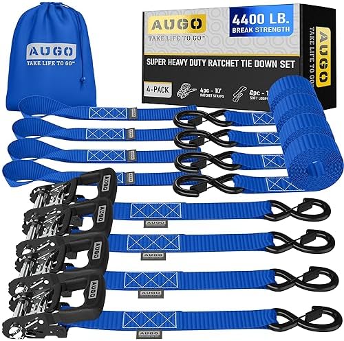 AUGO Heavy Duty Ratchet Straps & Soft Loops – Pack of 4 Extra Strong 1.5” by by AUGO
