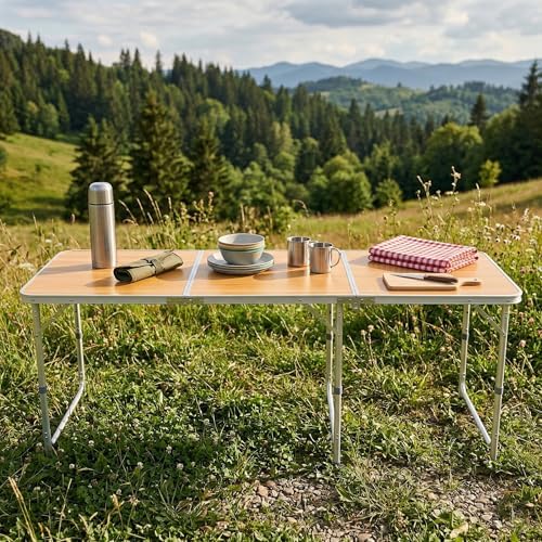 6ft Aluminum Alloy Folding Table Wood Grain Portable Camping Picnic Table 3 - Image 2